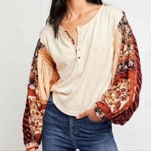 Free People Cream and Multicolor Patchwork Blouse